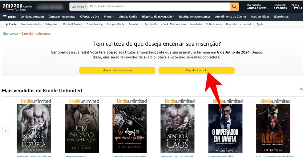 Opção "Cancelar Inscrição" em destaque no site da Amazon — Foto: Reprodução/Rodrigo Fernandes