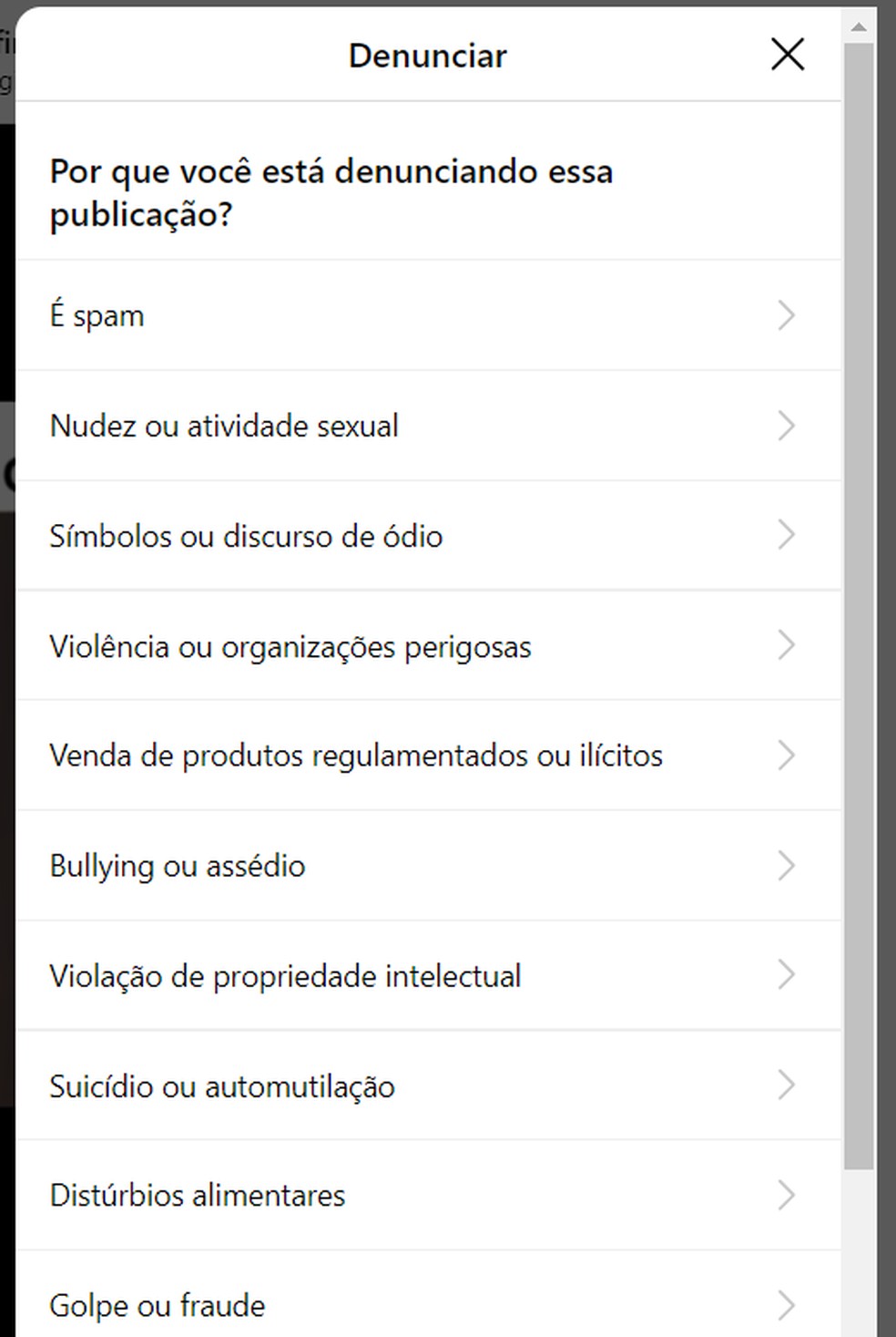 Escolha o motivo da denúncia — Foto: Reprodução/Bruno Guerra