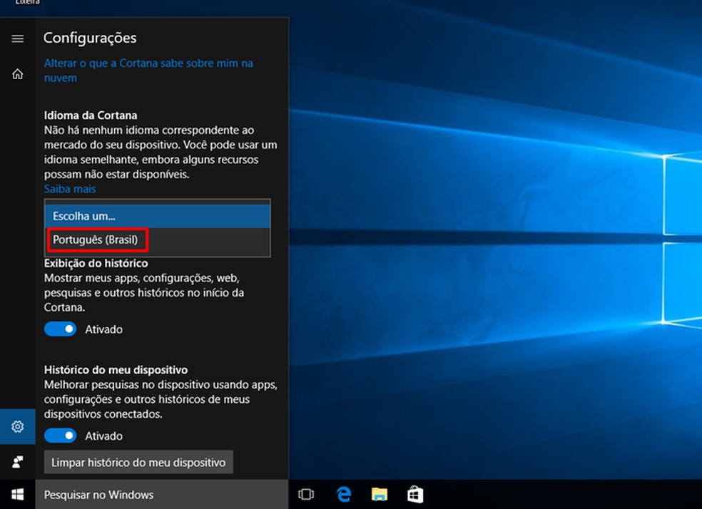 Selecione Português para reativar a Cortana no Windows 10 (Foto: Reprodução/Elson de Souza) — Foto: TechTudo