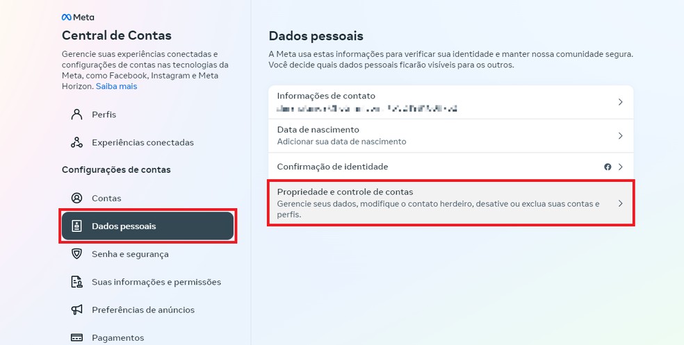 Clique em "Dados pessoais" e, em seguida, em "Propriedade e controle de contas" para continuar no Instagram — Foto: Reprodução/Clara Fabro