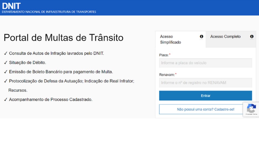 Página do site do DNIT para a busca por multas — Foto: Reprodução/Lívia Dâmaso