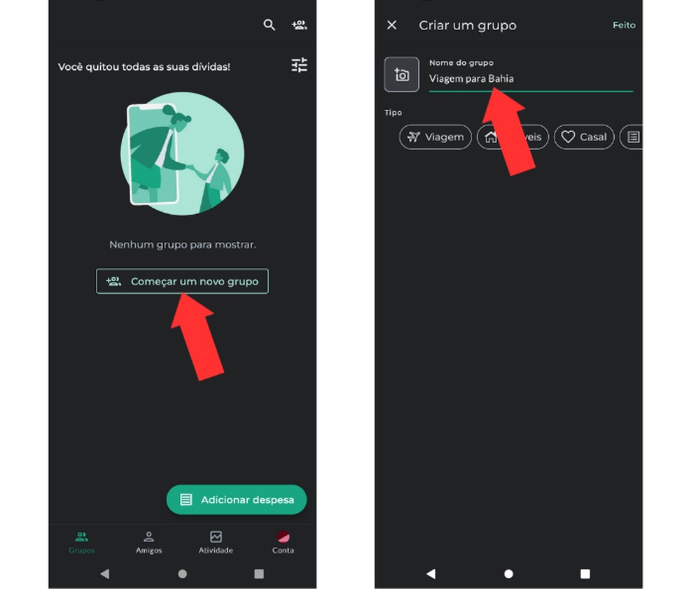 Primeiros passos para iniciar um grupo no aplicativo Splitwise — Foto: Reprodução/Mariana Tralback