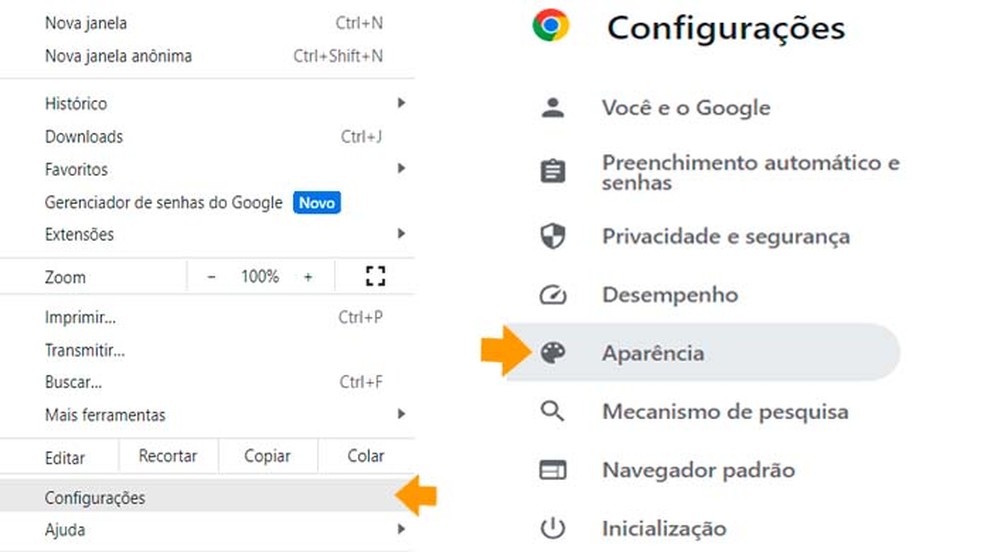 Etapas para acessar a configuração de Aparência no Google Chrome PC — Foto: Aricia Faria/TechTudo