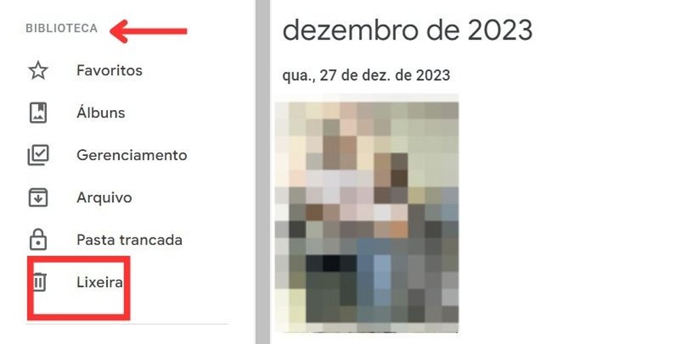 Ao entrar no Google Fotos, clique no botão "Lixeira" na aba à esquerda para recuperar fotos apagadas da conta — Foto: Reprodução/Carolina Brasil
