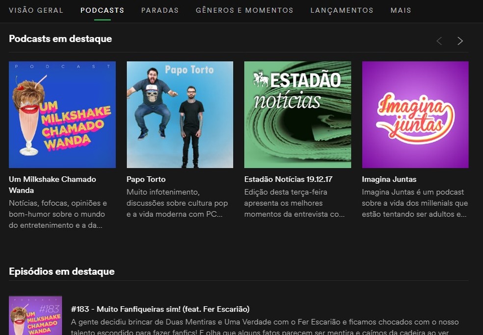 Página reúne podcasts mais populares do Spotify — Foto: Reprodução/Rodrigo Fernandes
