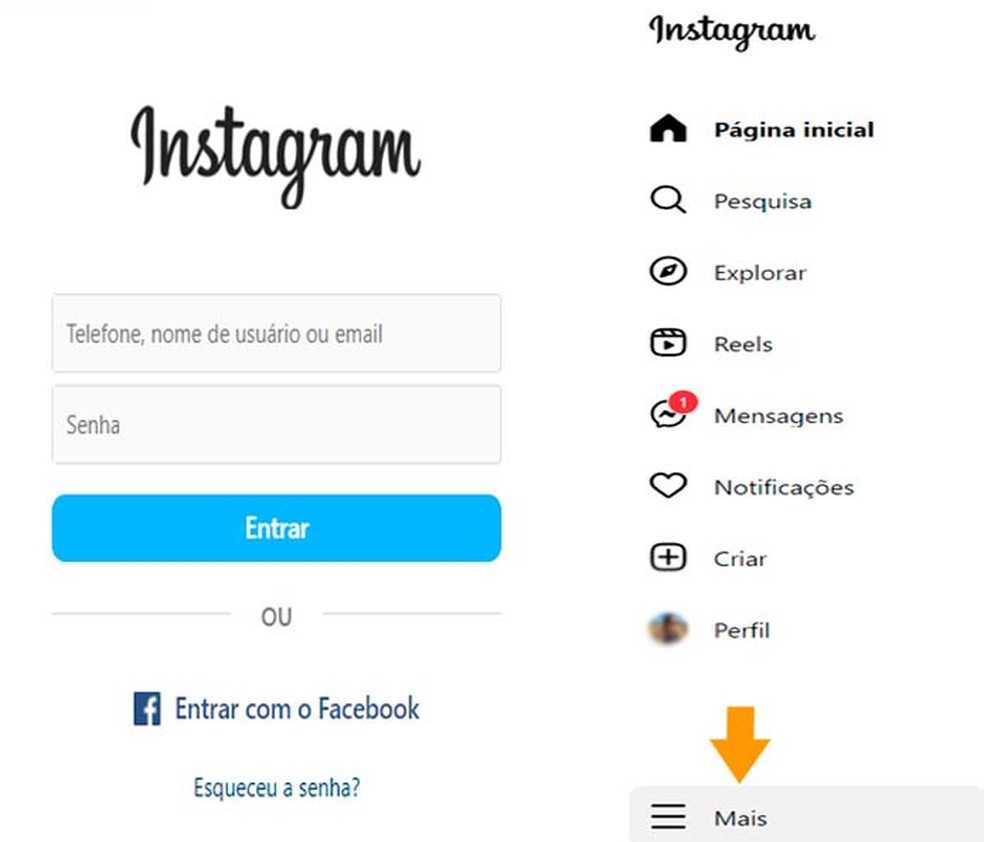 Página de acesso do Instagram e localização das configurações rápidas pelo PC — Foto: Aricia Faria/TechTudo