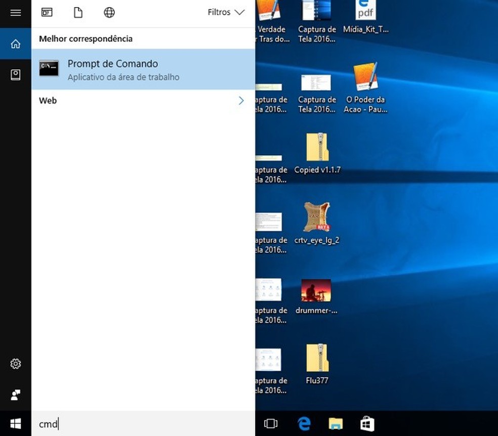 Caminho para o Prompt de Comando para ver as configurações do PC — Foto:  Reprodução/André Sugai
