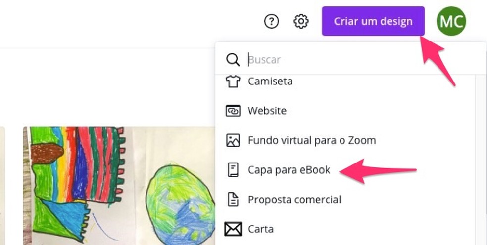 Ação para acessar os modelos de arte e fazer capa para e-book com o Canva — Foto: Reprodução/Marvin Costa