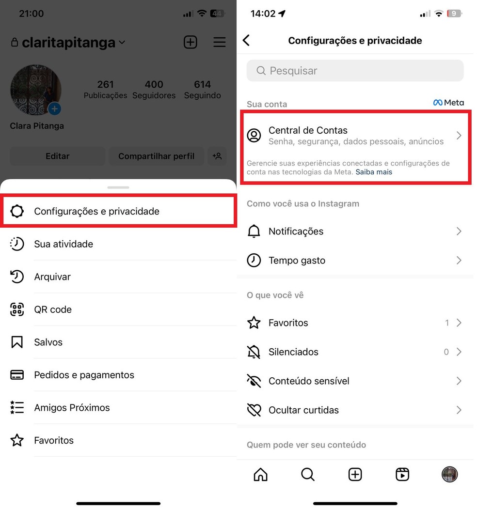 Nas configurações do Instagram, acesse a Central de Contas pelo celular — Foto: Reprodução/Clara Fabro