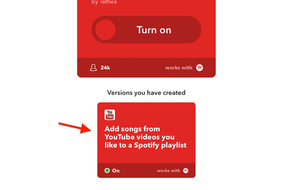 Caixa que mostra que o serviço IFTTT para enviar curtidas do YouTube para uma playlist do Spotify está ativado (Foto: Reprodução/Marvin Costa) — Foto: TechTudo
