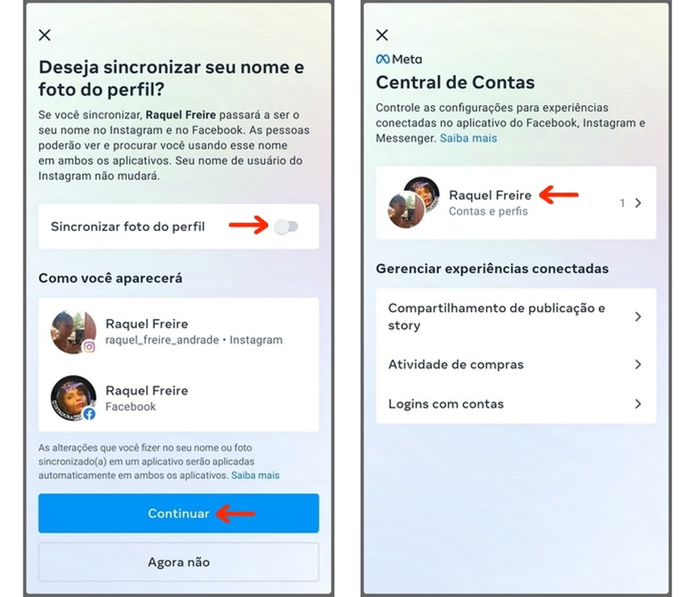 Conectar Facebook ao Instagram: acesso ao menu de contas e perfis para inclusão de Instagram — Foto: Reprodução/Raquel Freire