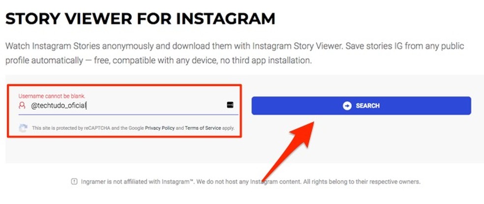 Ingramer Story Viewer: inicie uma busca por perfis do Instagram — Foto: Reprodução/Marvin Costa