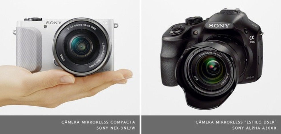 Câmera mirrorless Sony Alpha A3000 possui "estilo DSLR", mas utiliza o sistema de lentes "E", mesmo das mirrorless compactas — Foto: Divulgação/Sony