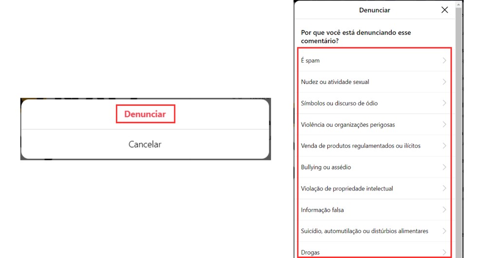 Etapas para fazer uma denúncia de um comentário no Instagram pelo computador — Foto: Reprodução/Bruno Guerra