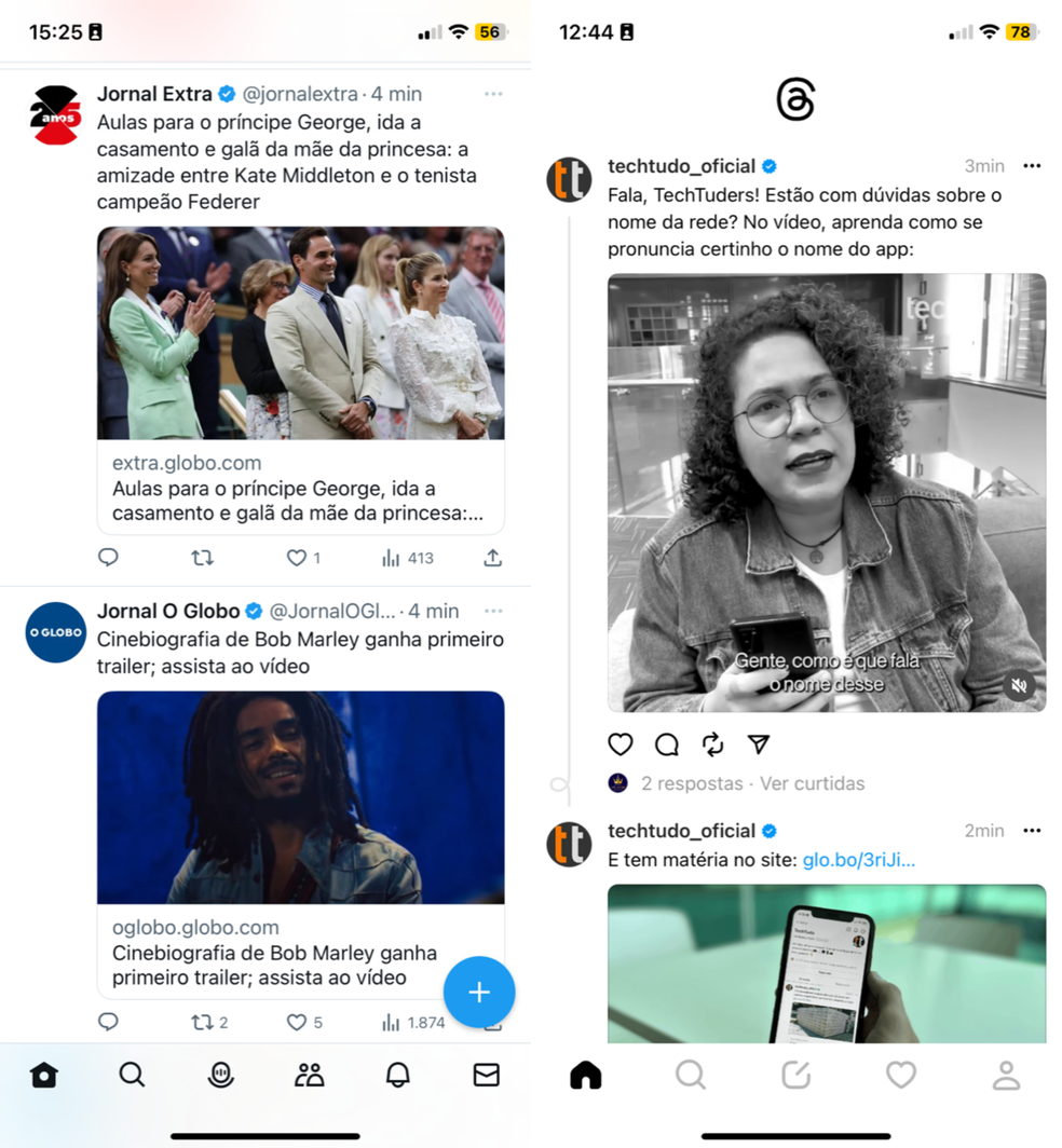 Os feeds do Twitter e do Threads são parecidos, mas têm diferenças — Foto: Reprodução/TechTudo