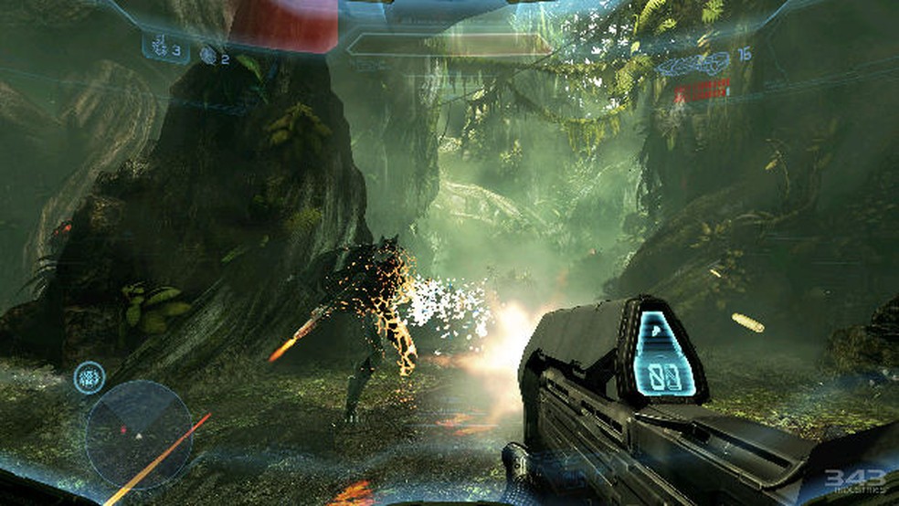 MasterChief destruindo um dos inimigos do jogo (Foto: Reprodução/GameInformer) — Foto: TechTudo