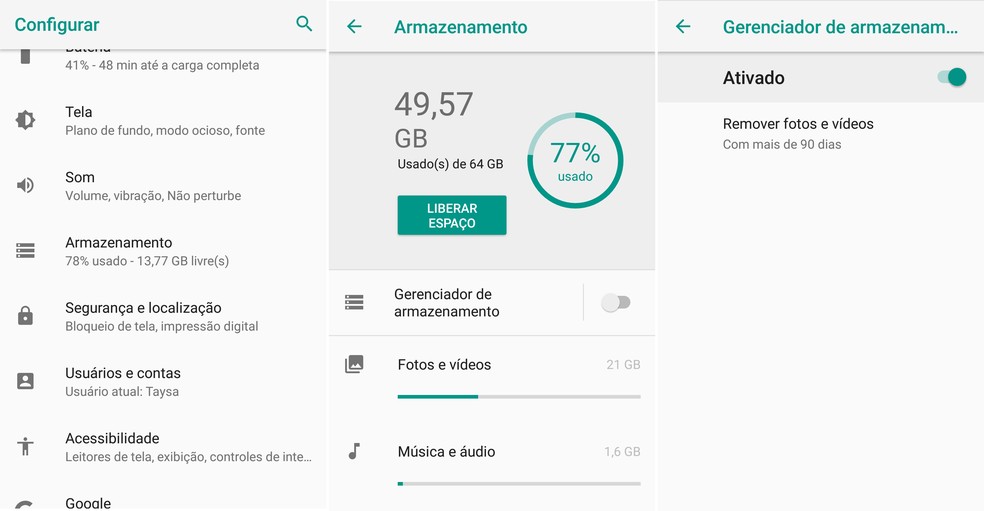 Gerenciador de armazenamento no Android Oreo — Foto: Reprodução/ Taysa Coelho