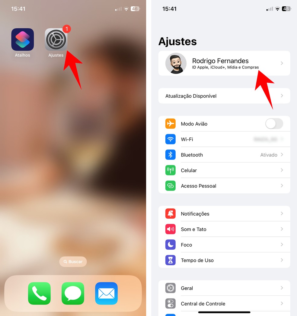 Acessando Ajustes do iPhone para descobrir ID Apple — Foto: Reprodução/Rodrigo Fernandes