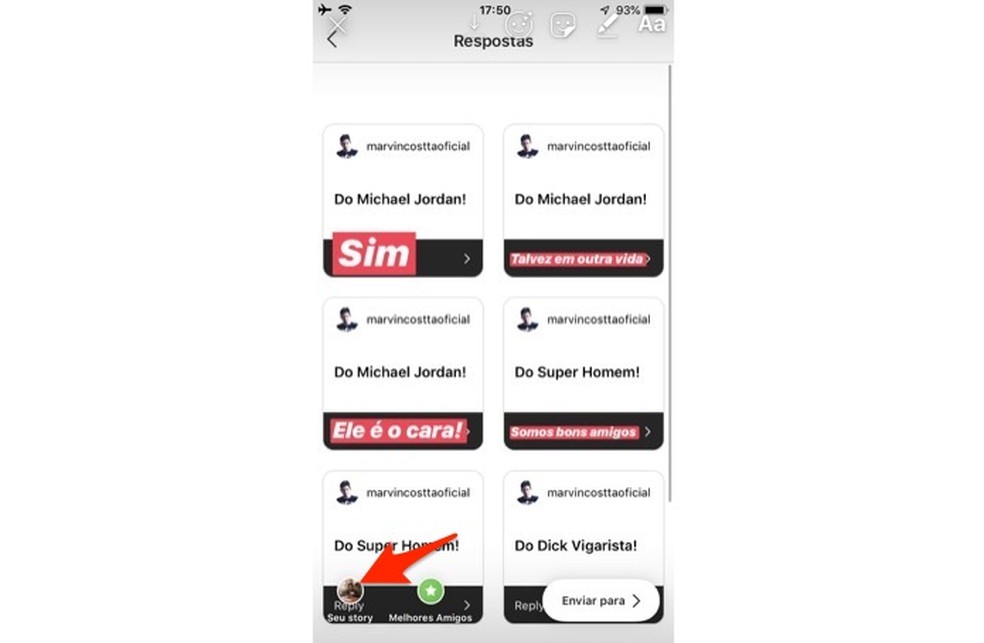 Ação para publicar um stories com respostas para perguntas de amigos no Instagram — Foto: Reprodução/Marvin Costa