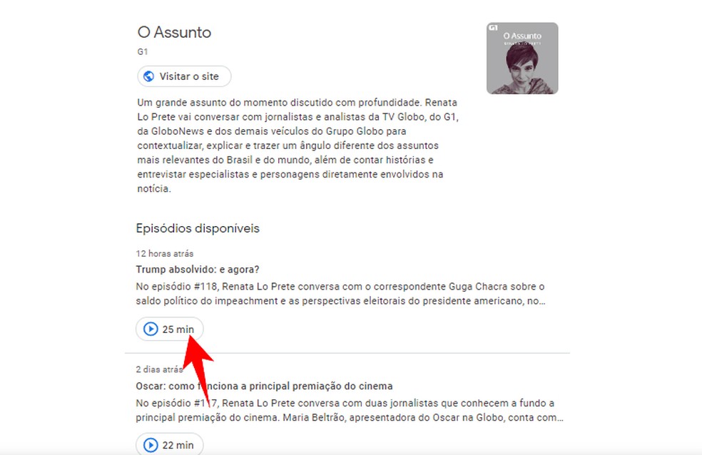 É possível ver as sinopses dos programas no Google Podcasts — Foto: Reprodução/Rodrigo Fernandes