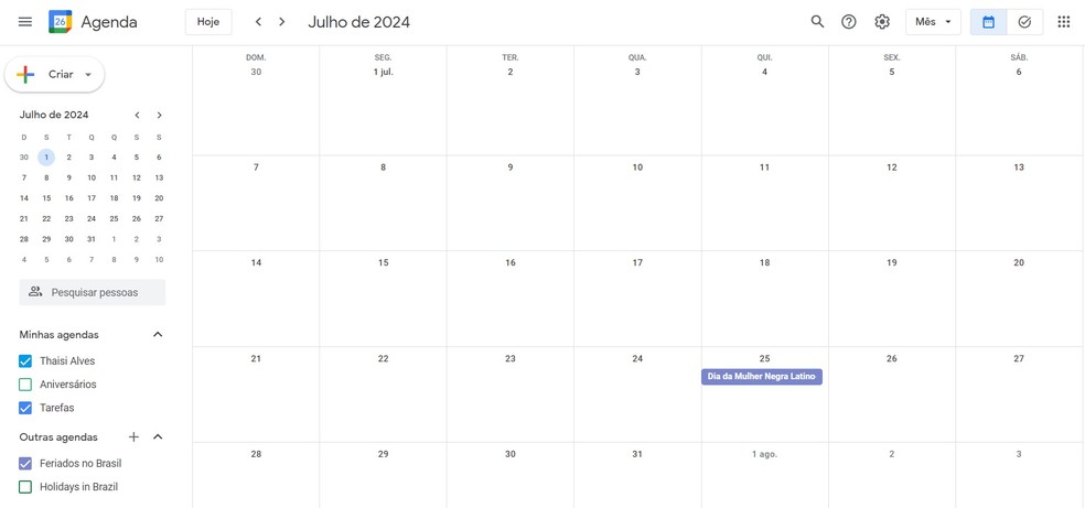 Google Agenda mostra o calendário de julho de 2024 — Foto: Reprodução/Thaisi Carvalho