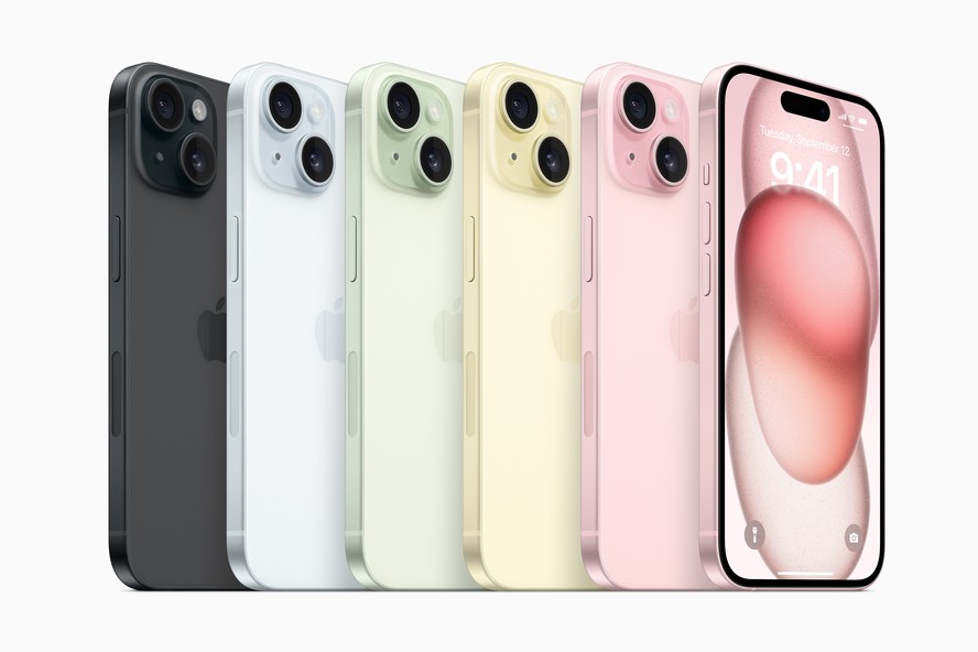 iPhone 15 foi lançado em cinco cores: preto, azul, verde, amarelo e rosa (tom pastel)