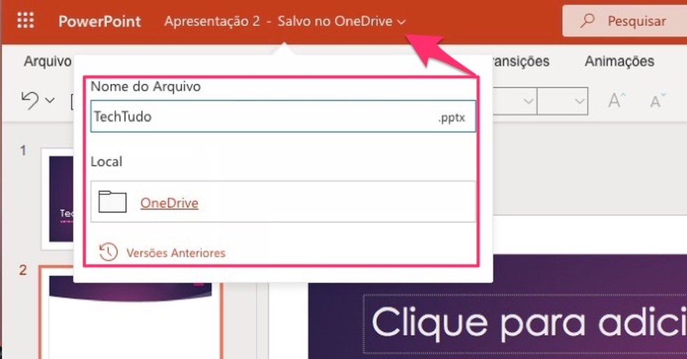 PowerPoint online: OneDrive salva apresentações criadas na ferramenta — Foto: Reprodução/Marvin Costa