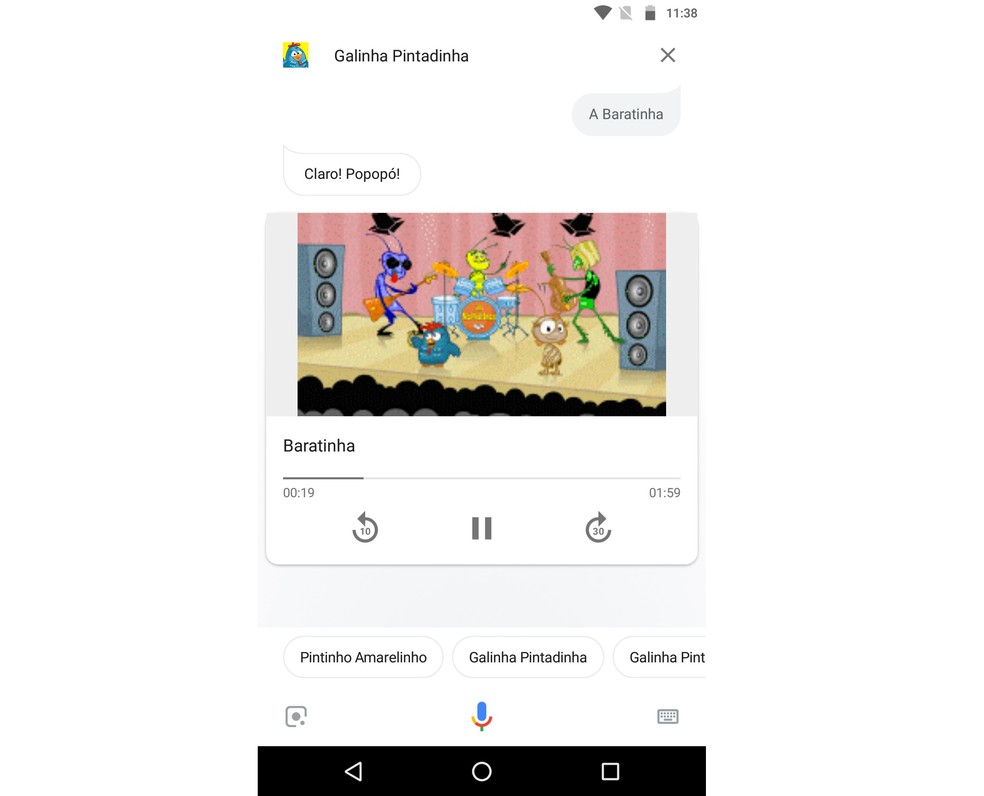 Google Assistente reproduz vídeos com músicas da Galinha Pintadinha — Foto: Reprodução/Rodrigo Fernandes