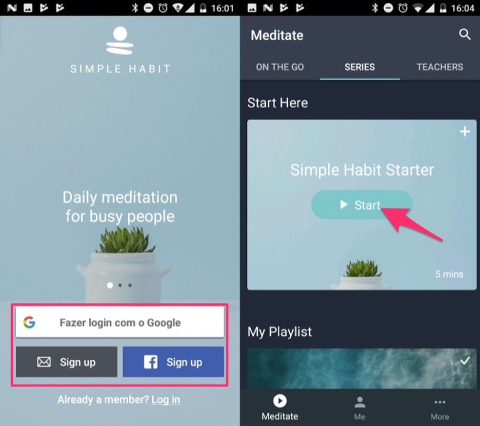 Ação para logar e iniciar um programa de meditação por cinco minutos no app Simple Habit Meditation — Foto: Reprodução/Marvin Costa