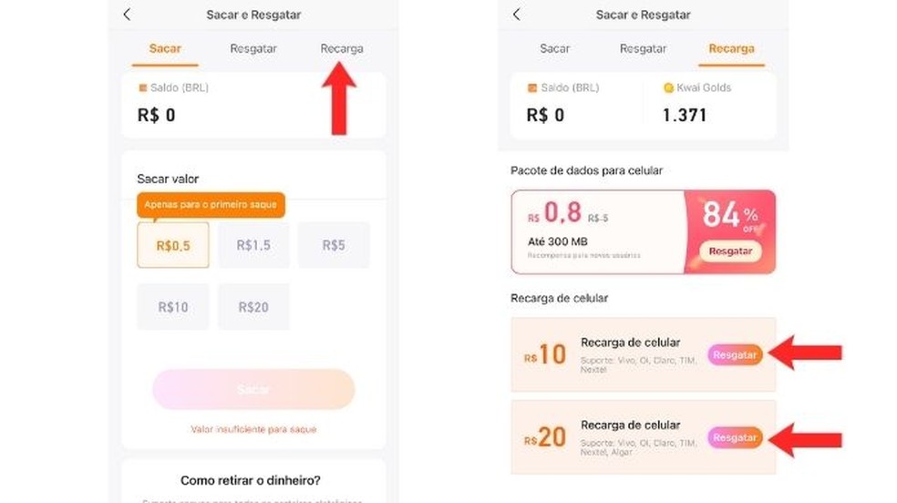 Na aba "Recarga", escolha o valor que preferir — Foto: Reprodução/Adânia Souza