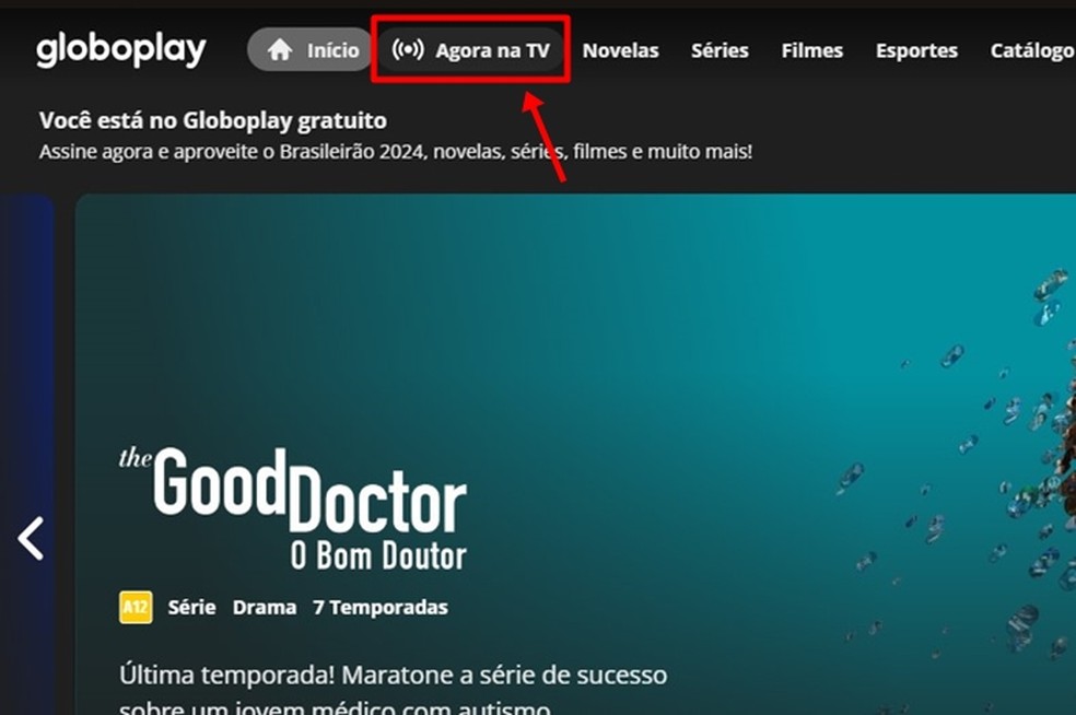 No Globoplay, você precisa acessar o menu "Agora na TV" para visualizar a tela que traz as transmissões ao vivo do streaming — Foto: Reprodução/Gabriela Andrade