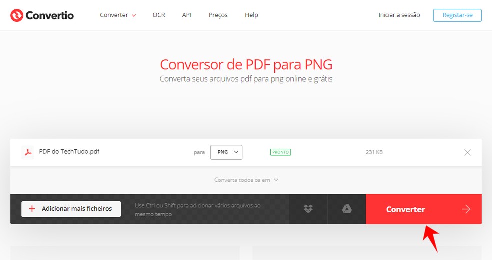 Veja como converter PDF para PNG pelo site Convertio — Foto: Reprodução/Rodrigo Fernandes