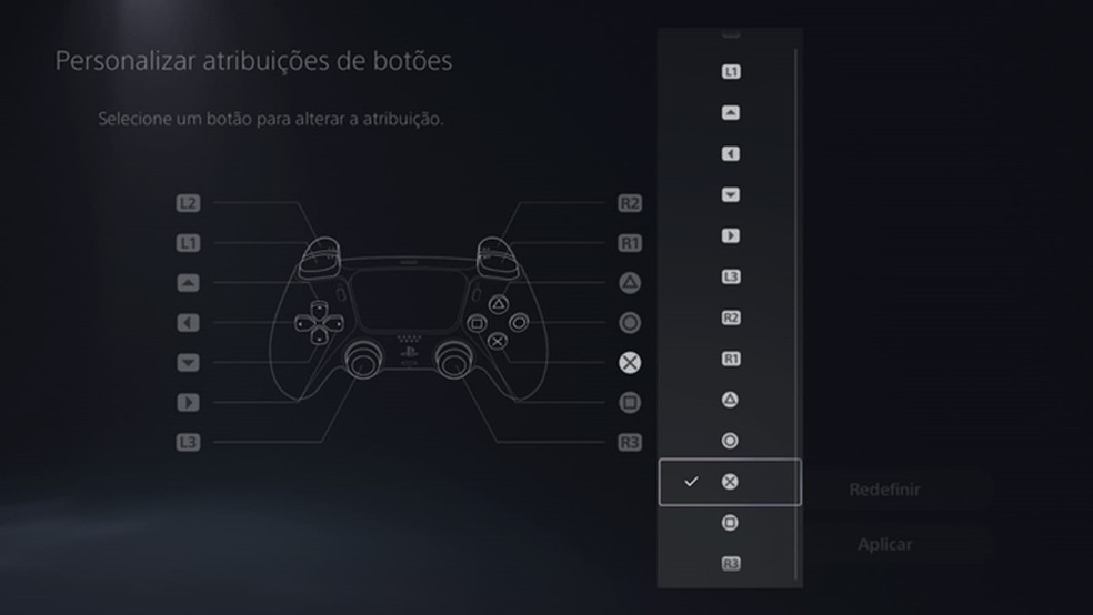 Função dos botões do DualSense pode ser alterada nas configurações do PS5 — Foto: Reprodução/Clercio Rodrigues