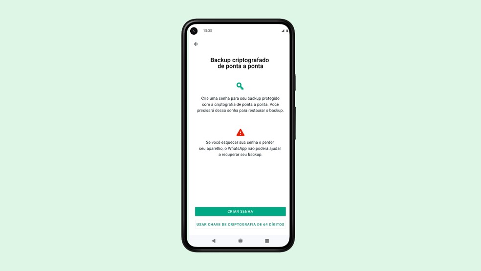 WhatsApp permitirá criar senha ou gerar chave aleatória para proteger backup com criptografia — Foto: Divulgação/WhatsApp