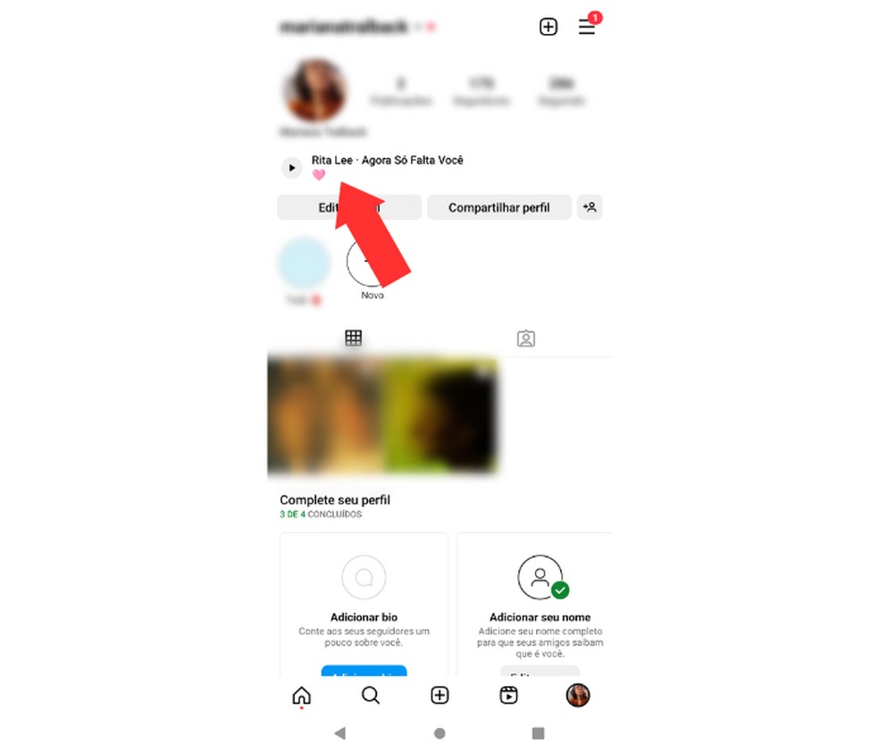 Exemplo de música adicionada ao perfil do Instagram  — Foto: Reprodução/Mariana Tralback