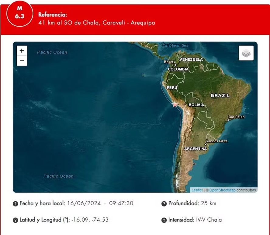 Terremoto de magnitude 6,3 atinge litoral sul do Peru neste domingo (16/05/2024)