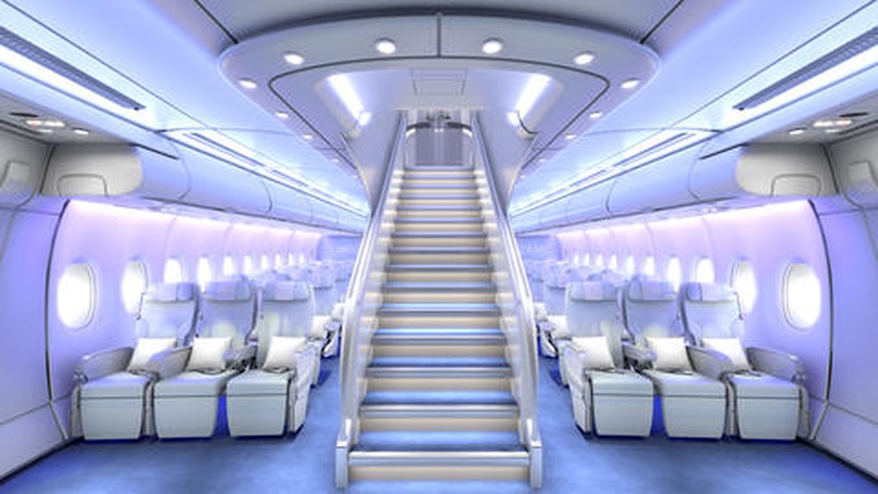 Interior da aeronave A380, a com maior capacidade de transporte de passageiros do mundo — Foto: Divulgação/Airbus