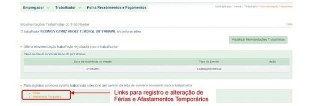 Página para informar afastamentos temporários do empregado (Foto: Reprodução)