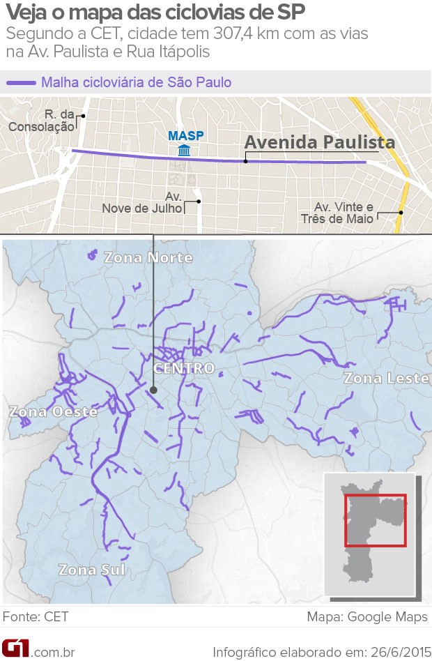 Mapa das ciclovias de São Paulo (Foto: Editoria de Arte/G1)