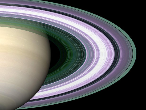 Imagem simulada utilizando cores para representar os anéis de Saturno  (Foto: NASA / JPL)