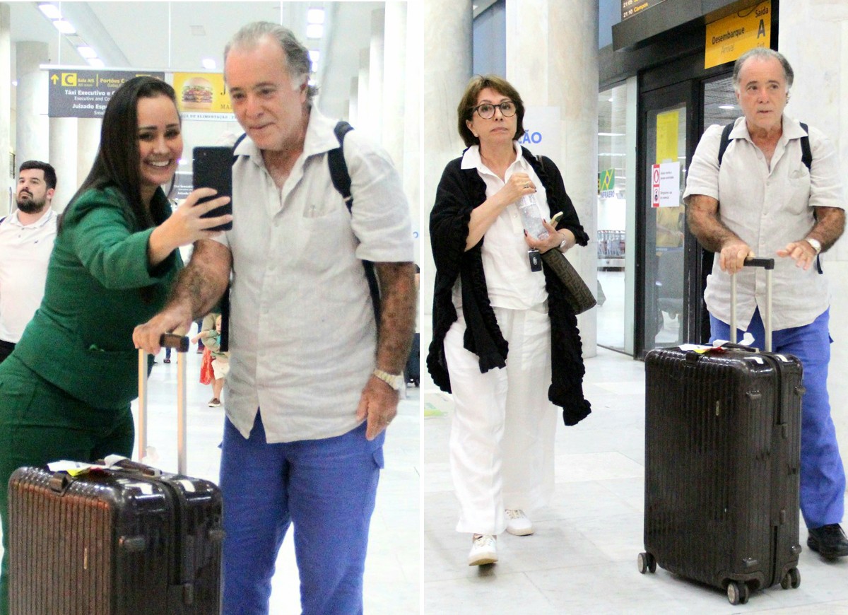 Tony Ramos posa com fã ao desembarcar com a mulher, Lidiane Barbosa, no Rio de Janeiro (Foto: Gabriel Rangel/AgNews)