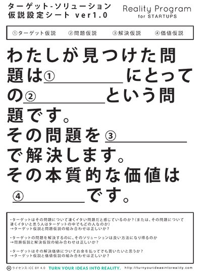 最初はこれだけあればOK。スタートアップや新規事業を始める時に必要な４つの要素を書き込む「ターゲット/問題/解決/価値 仮説設定シート」を公開します。