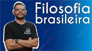 "Filosofia Brasileira" escrito sobre fundo azul ao lado da imagem do professor