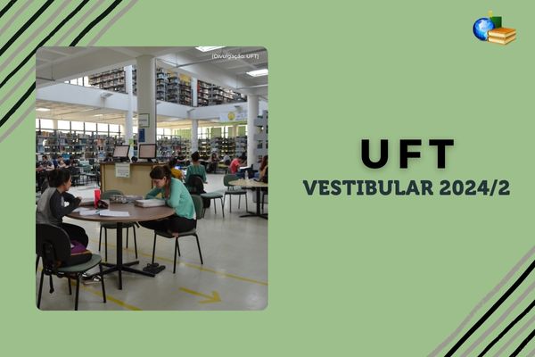 Fundo azul, foto do campus da Unitins, texto Unitins Vestibular 2024/2