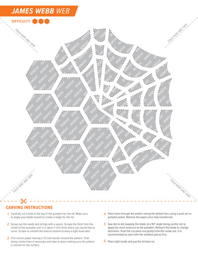 View of an instruction sheet containing a pattern and step-by-step carving instructions for creating a jack-o'-lantern style pumpkin of the hexagon mirror segments of the James Webb Space Telescope with a spider web overlaying the top right portion of the overall collection of mirror segments.