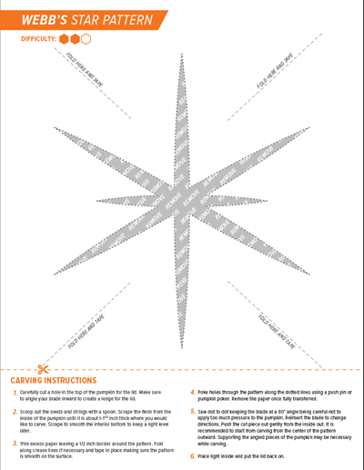 View of an instruction sheet containing a pattern and step-by-step carving instructions for creating a jack-o'-lantern style pumpkin of an 8 pointed star.