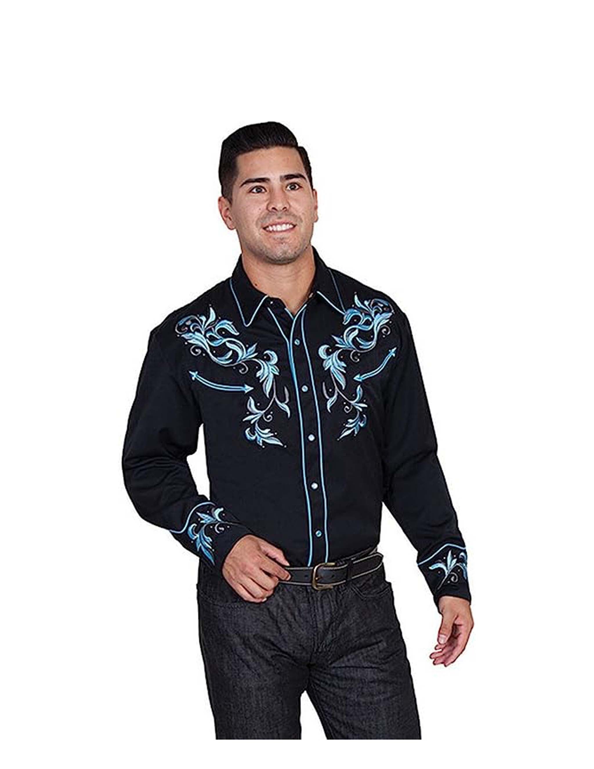 Men's Blue Leaf Embroidered Western Snap Shirt