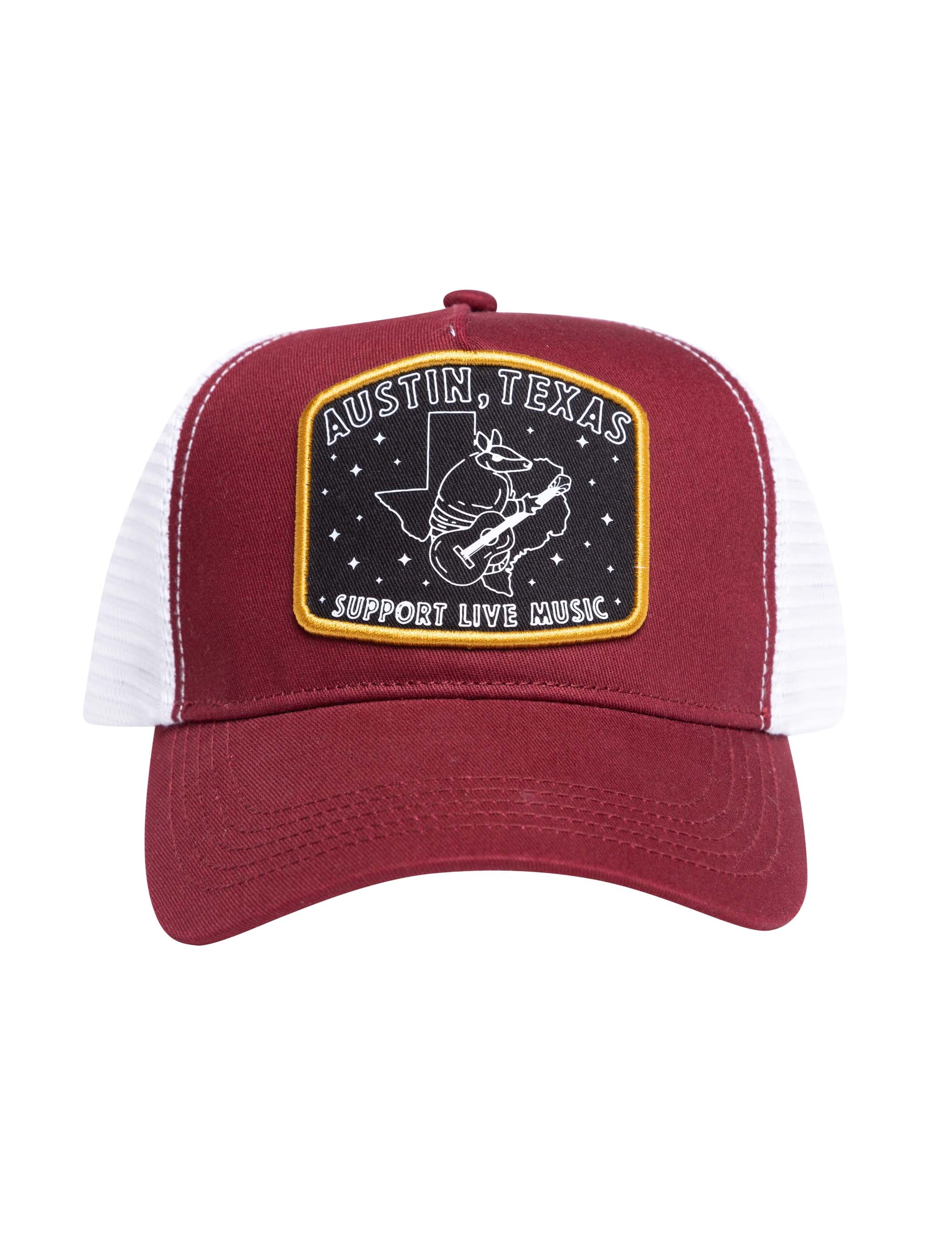 Austin Texas Armadillo Playing Guitar Patch Hat