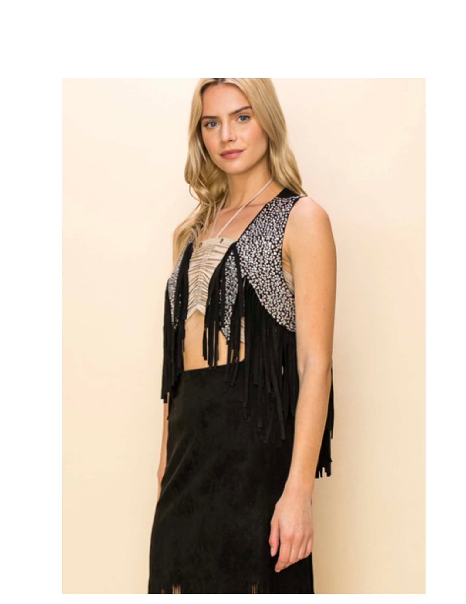 Cropped Rhinestone Fringe Vest