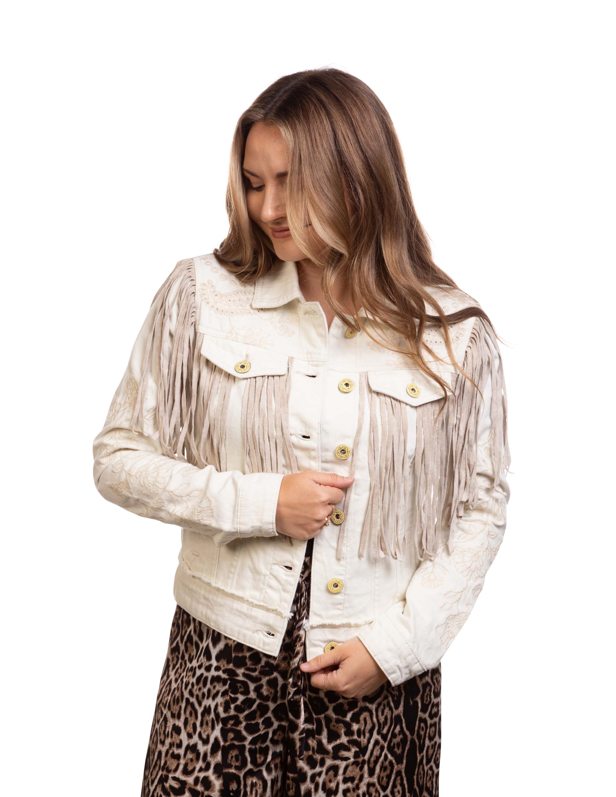 Women's Fringe Cream Denim Jacket